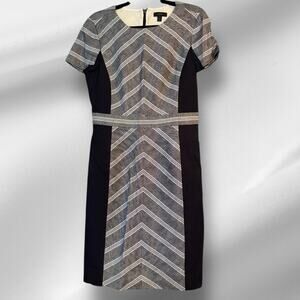 J. Crew Colorblock Chevron Career Shift Dress 8 Linen Viscose Blend Blue & Cream